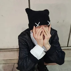 New Korean Version of Black Devil Cat Ear Men's Knitted Hat Street Trend Versatile Thermal Cover Skull Beanie Hats for Women's