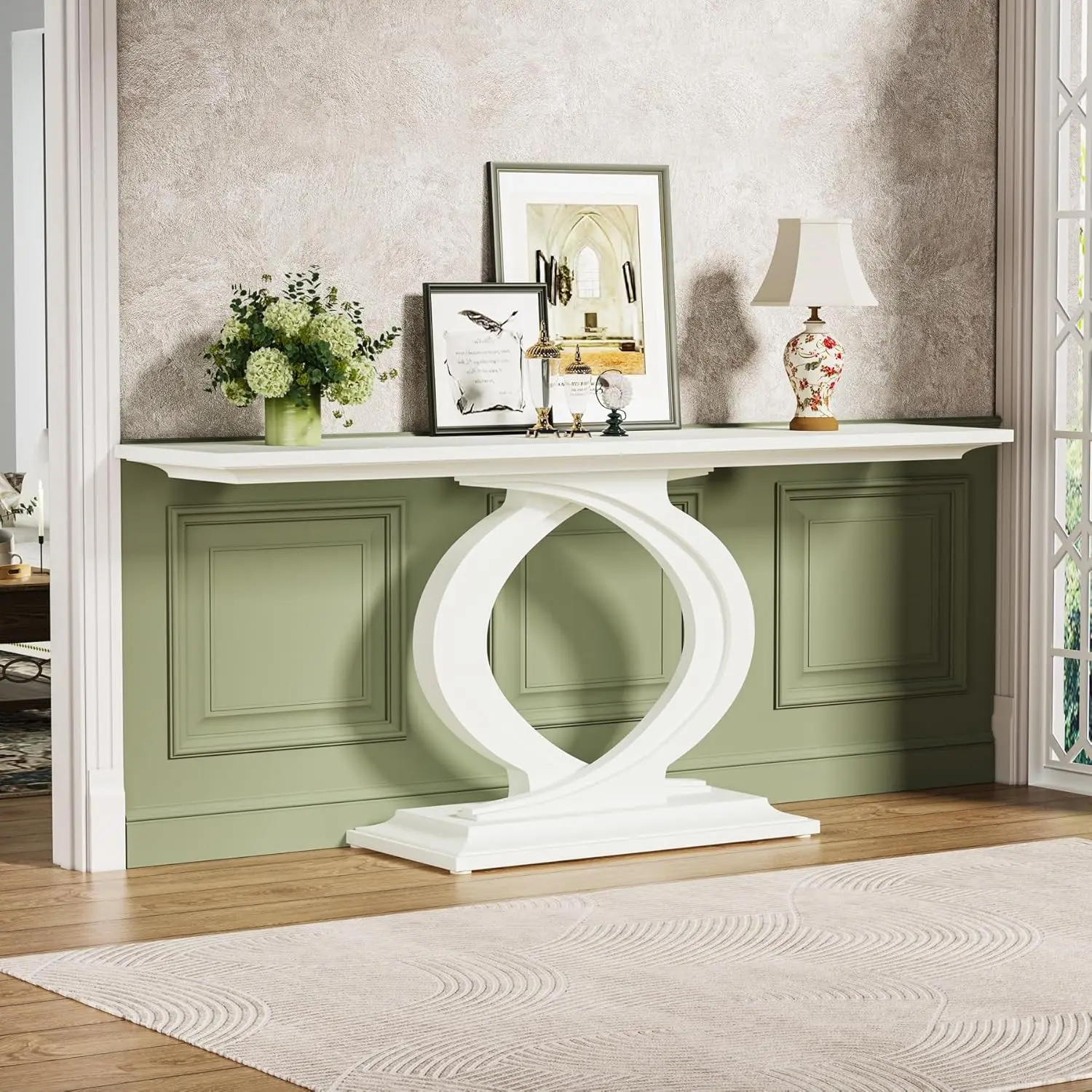 Mesa de console de 59 polegadas para entrada, mesa de console branca de fazenda para sala de estar, mesa de sofá de madeira atrás do sofá, moderna