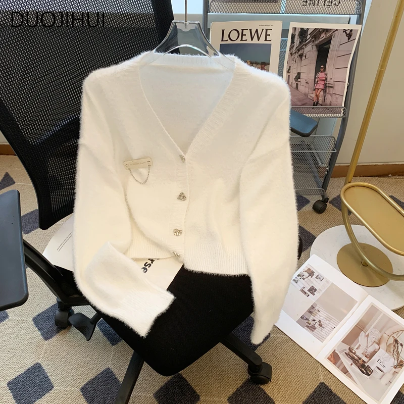 

DUOJIHUI французский шикарный однотонный вязаный свитер женский кардиган осенний простой однобортный модный простой милый женский кардиган