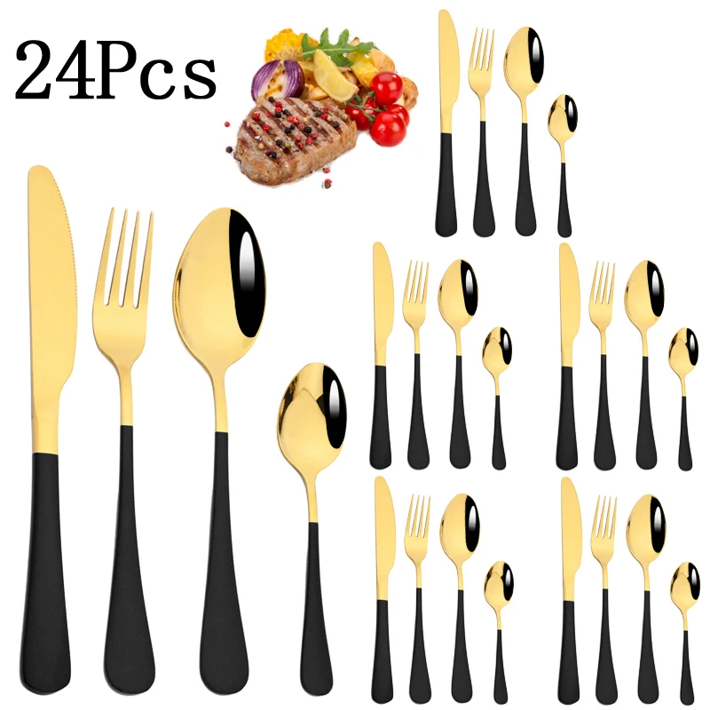 AJOYOUS 24pcs Cutlery Set Stainless Steel Dinnerware Mirror Knife Fork Tea Spoon Black Gold Tableware Kitchen Dinner Silverware