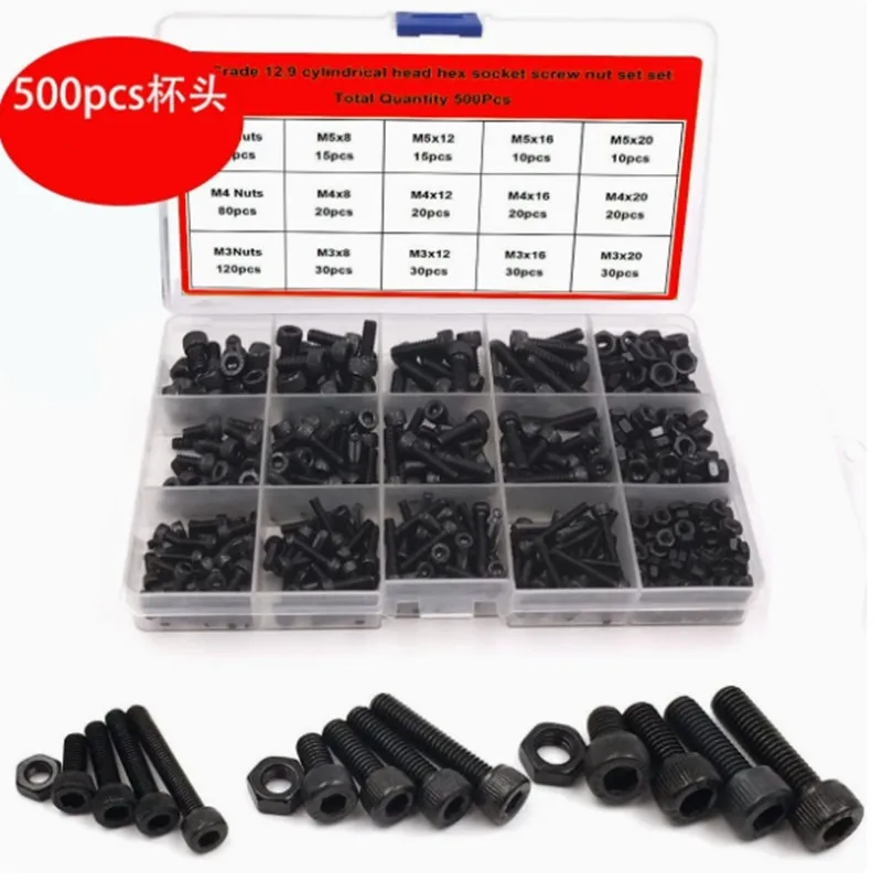 500 -440 Pcs Mix M3 M4 M5 Alloy Steel Hex Socket Button Head Screws Bolts Nuts Assortment Kit Black with Box Fasteners Hardware