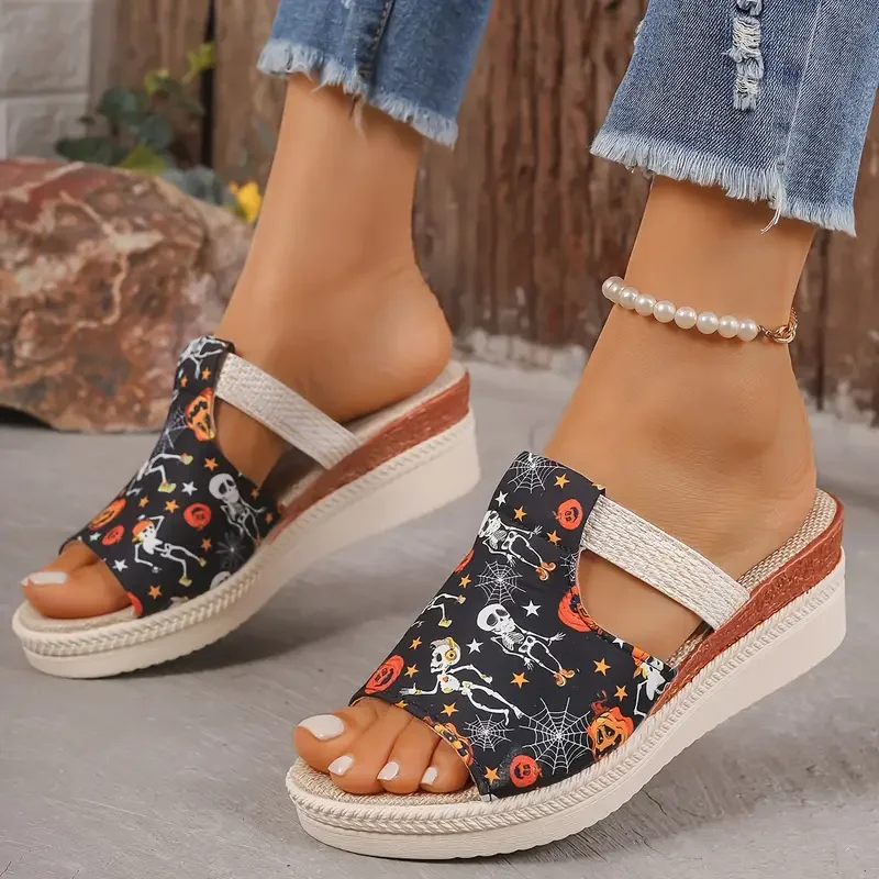 

Women's Skull Printed Sandals, Colorful Woven Seaside Slide Platform Shoes, Halloween Comfort Wedge Beach Slide