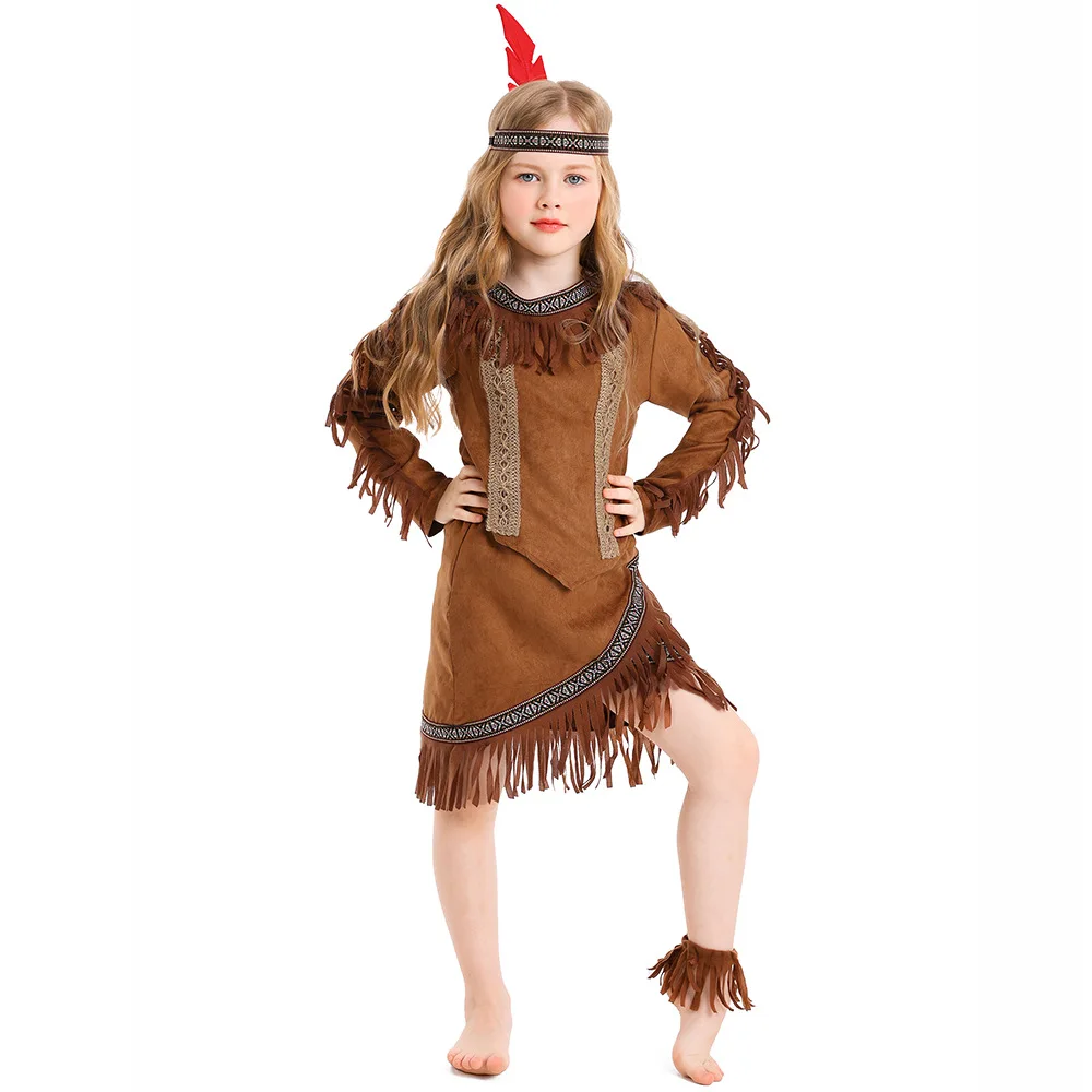 Costume d'Halloween de Princesse Indienne en Chef de Chasseresse pour Enfant, Ensembles de Cosplay de Barrage de Mardi Gras de Pourim pour Fille