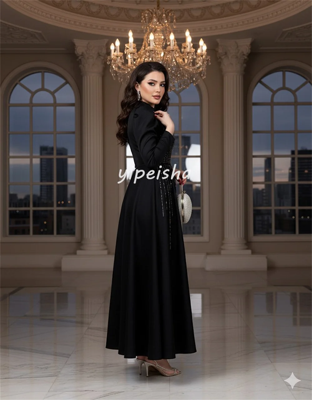 Sukienki midi w kształcie litery A z wysokim kołnierzem, z plisami, zdobione koralikami i cekinami, szyte na miarę, klasyczne, wysokiej jakości, dostępne różne rozmiary, sukienki wieczorowe.