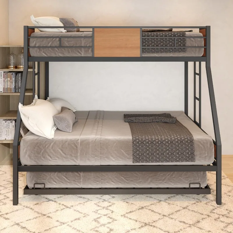 Twin Over Full Beliche com cama de tronco, Heavy Duty Metal Bed Frame com trilho de segurança, 2 escadas laterais para meninos e meninas Adultos