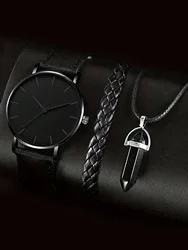 3PCS Classic graduated leather fashion men's quartz watch with bracelet Bullet necklace set selected gift