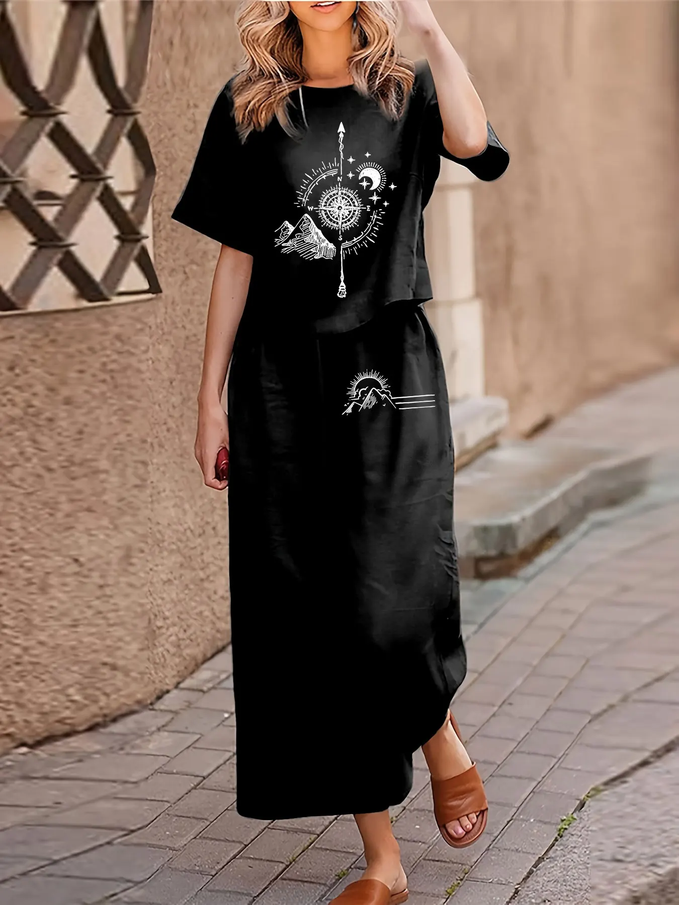 Setelan Dua Potong Kasual Wanita Ukuran Besar Celana Panjang T-shirt Lengan Pendek Print Dua Potong Set Crewneck Longgar