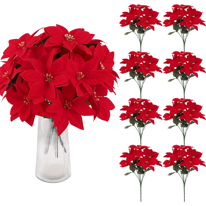 Künstliche Weihnachtsblumen, rote Weihnachtsstern-Sträuße für Weihnachten, Zuhause, Garten, Tisch, Vase, Dekoration, Hochzeitsblumen