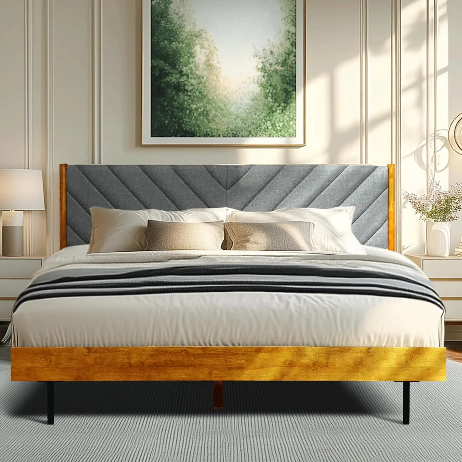 Acacia Wood Bed Frame with Upholstered Headboard Queen Caramel, Customized