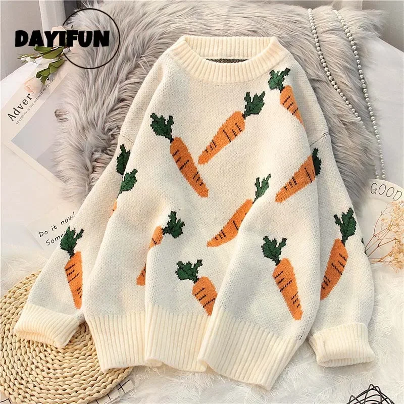 DAYIFUN Female Sweaters Carrot Embroidered Turtleneck Long Sleeve Knitted Pullovers 2024 Autumn Winter Loose Jumpers Knit Tops