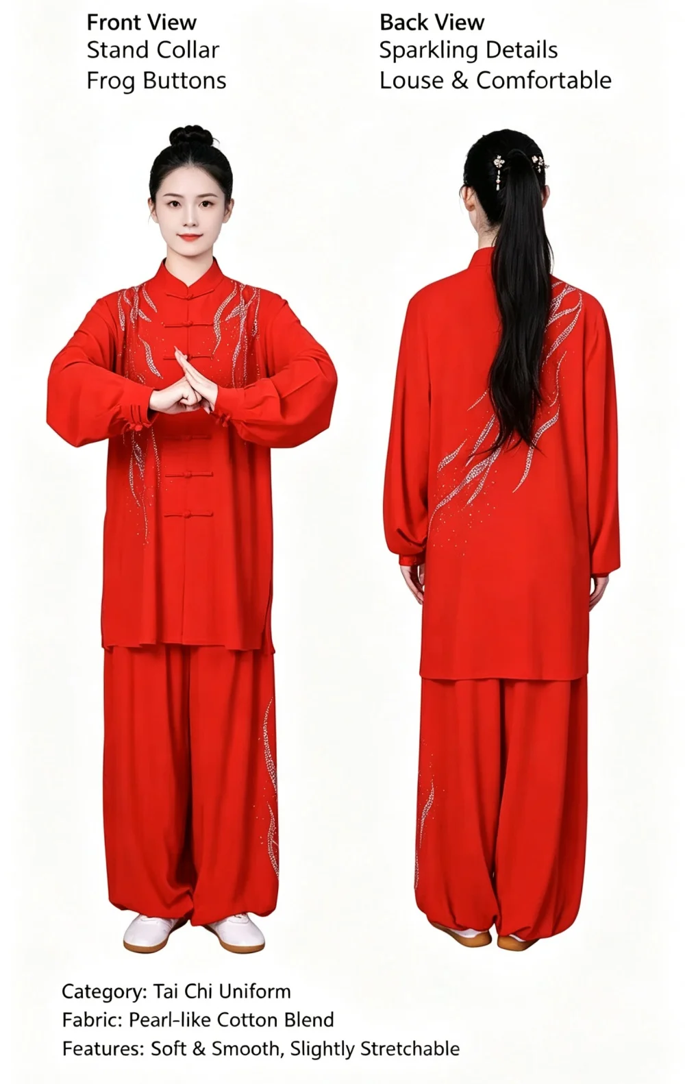 Women Tai Chi Uniform Rhinestone Decor Traditional Chinese Kung Fu Suit Long Sleeve Wushu Performance Outfit