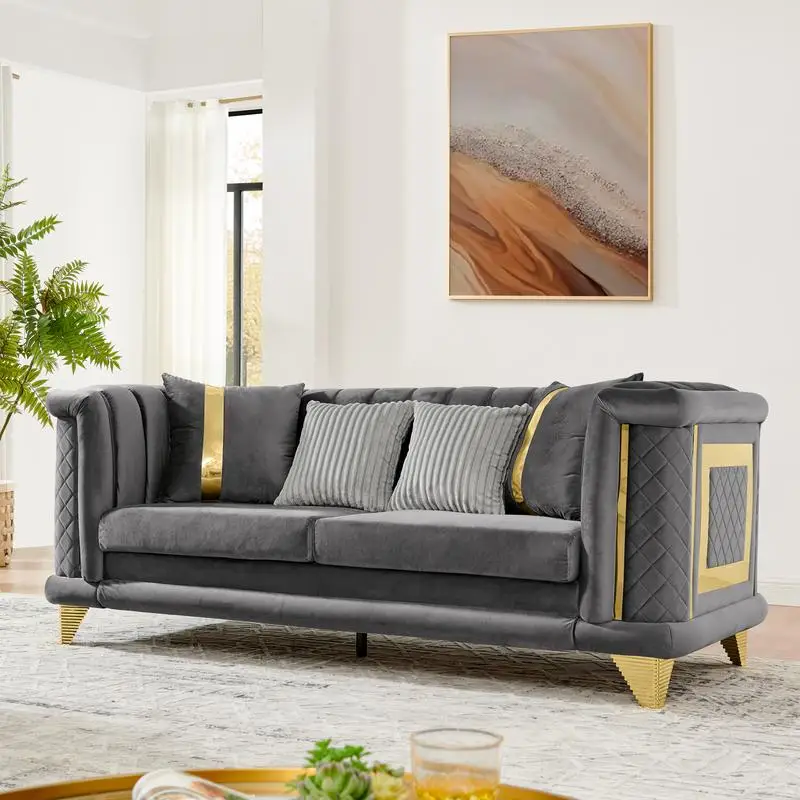 

89-Inch Velvet 3-Seater Luxury Sofa with Gold Trim, Embroidered Texture, Mid-Century Modern Victorian Tufted Couch for Living