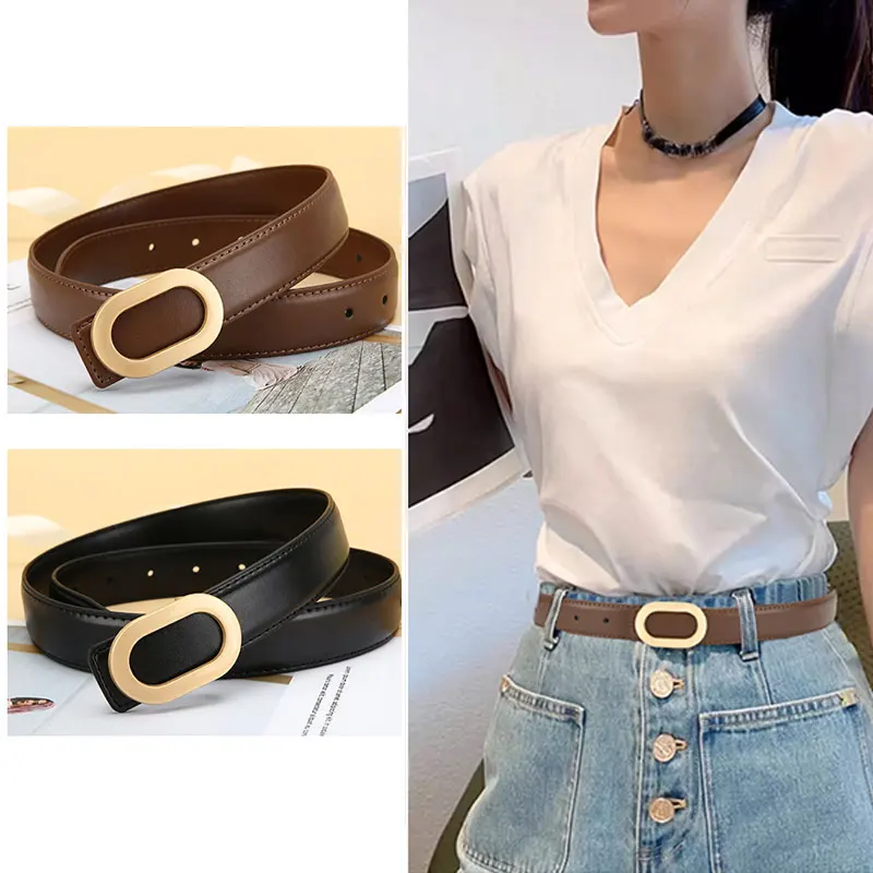 

Belt For Women Round Square Buckle Pin Buckle Jeans Black Belt Chic Luxury Brand Designer Leather Belt Female
