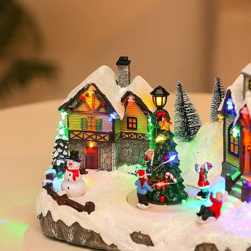 LED Light Up Resin Snow House Music Box Christmas Tabletop Decoration Festive Holiday Ornament for Home Party Gift Display