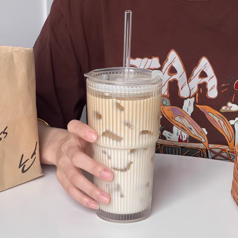 Соломенная чашка большой емкости с крышкой, чашка для кофе в вертикальную полоску, чашка для напитка, сока, ценная женская бытовая стеклянная чашка для чая с молоком 202