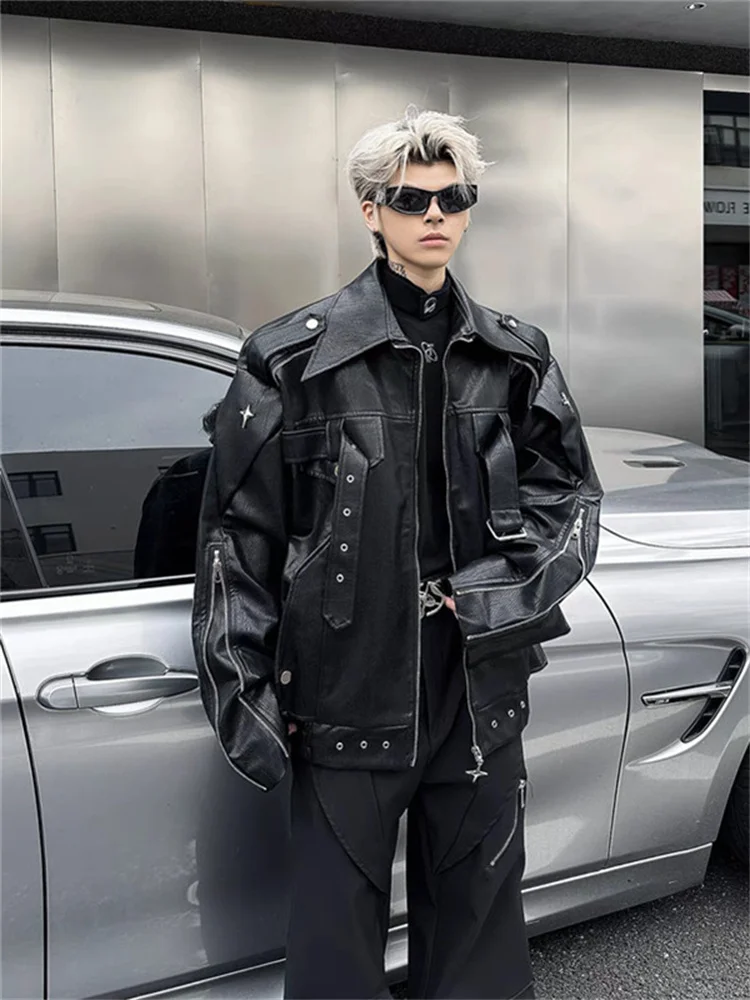 

Hip Hop Metal Design Men's Jaet Zipper Leather Coat Street Sle Motorcycle Outerwear Loose Fit Spring Season Youth Faion