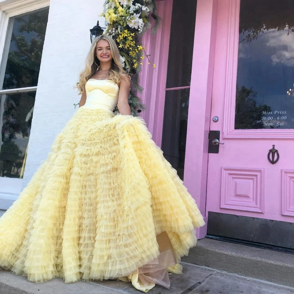 Yellow Party Dresses Strapless Sleeveless Tiered Pleat Prom Gowns A-Line Layered Puffy Tulle Sweep Train Formal Evening Dresses