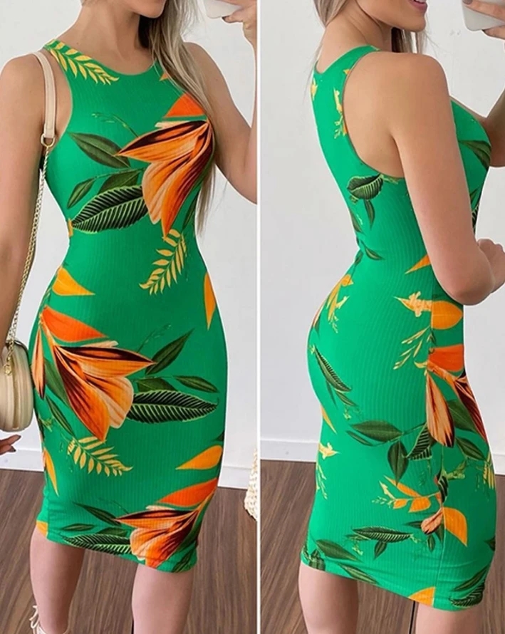 

Women's Dress 2024 Summer New Style Tropical Leaves Print Sleeveless Bodycon Dress Sexy Buttocks Wrapped Slim Fitting Dress