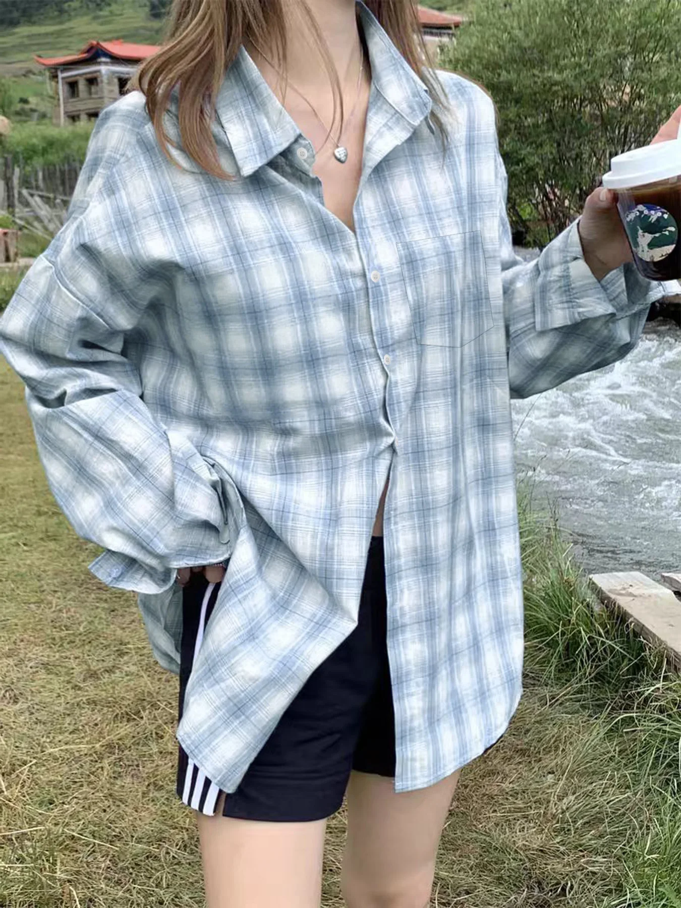 قميص منقوش باللون الأزرق الطازج والهواء للنساء، طراز قديم، واقي من الشمس، أنيق كسول، قميص ذو علامة تجارية متخصصة