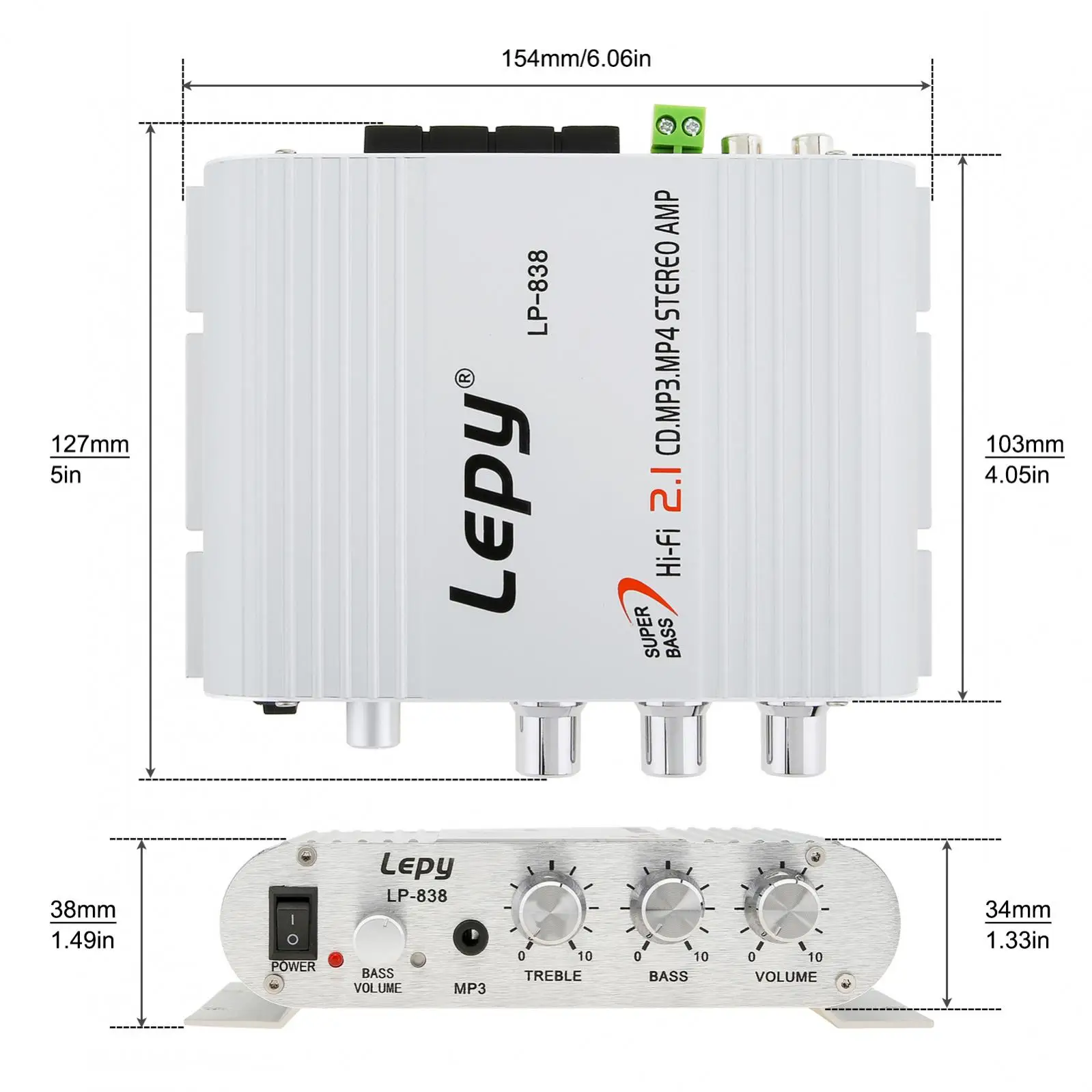 2.1 Channel Digital Audio Power Amplifier for Car Motorcycle Home EU/US Plug Power Adapter, Bass /Treble Control Audio Amplifier