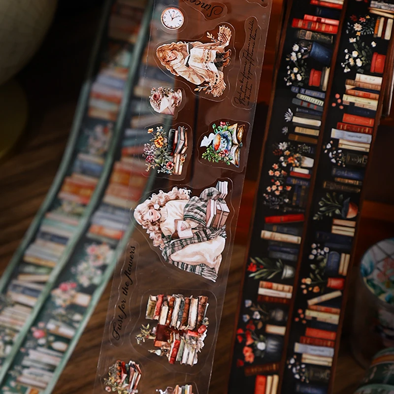 Mr.Paper 6 Rolls Sharing for Time Reading Series PET Die-Cut Washi Tape, Vintage Bookstore Girl Decorative Tape for Scrapbooking