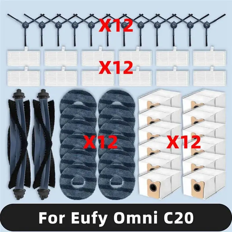 

Запасные части BOFO для робота-пылесоса Eufy Omni C20: основная и боковые щетки, HEPA-фильтр, салфетка для влажной уборки, мешок для сбора пыли, аксессуары