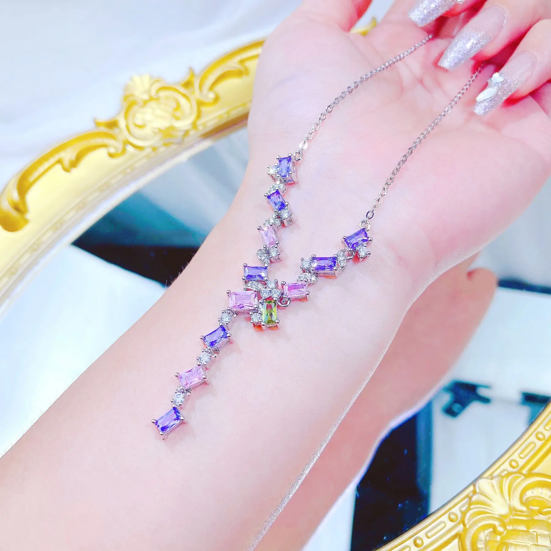 Light luxury high-end simulation Papalacha sapphire colored treasure necklace, lavender purple pink diamond tourmaline set chain