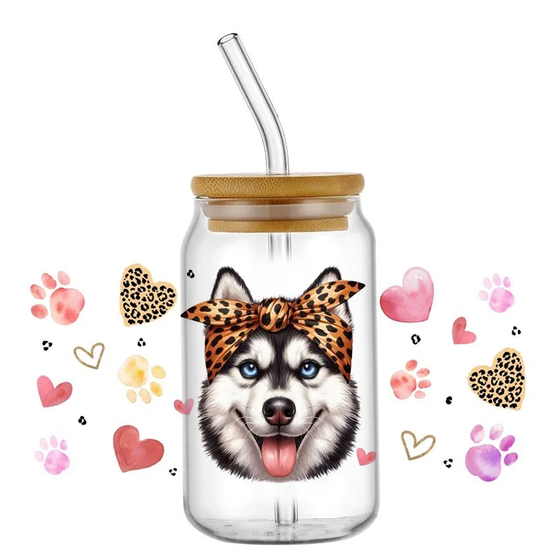 popular Cute Dog Leopard Bow Heart Paw Print UV DTF cup Wraps Waterproof Decals for 16oz Libbey Glass Can Tumbler