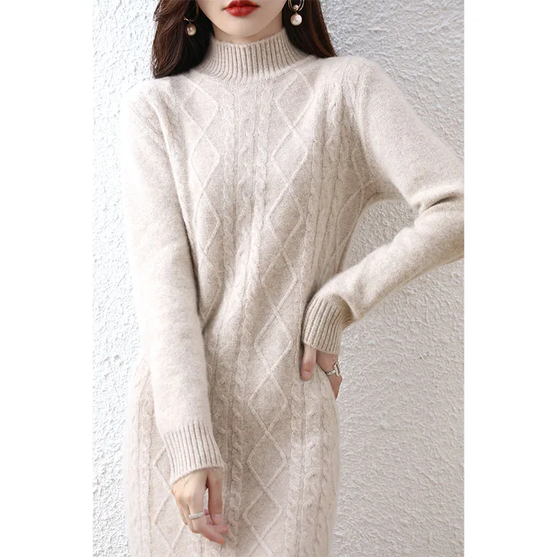 High-End 100% Wool Turtleneck Pullover Women Casual Long Dresses Sweater 2021 Autumn Winter Loose Soft Knitted Large Size Jumper