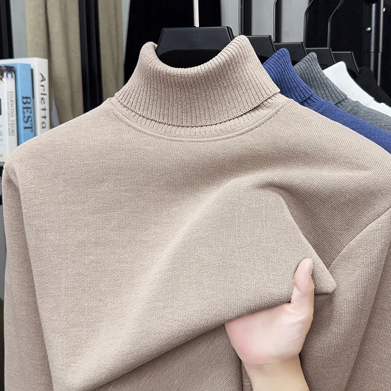 Men's Solid Color Wool Sweater with Winter High Neck and Thick Cashmere Sweater Men's Knitted Cashmere Base Sweater Top