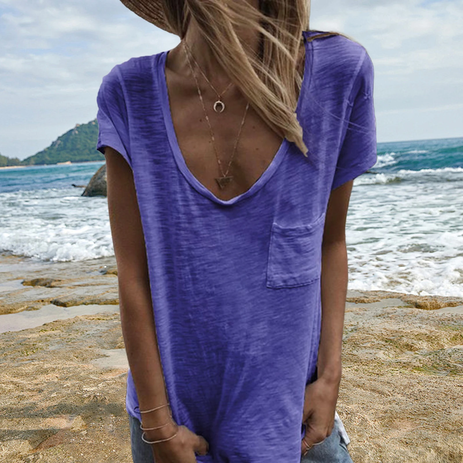 

Plus Size Women's Candy Color Short Sleeve T-Shirt V Neck Loose Summer Tee Women Streetwear All-match Top Soft Sweet Tee M-3XL
