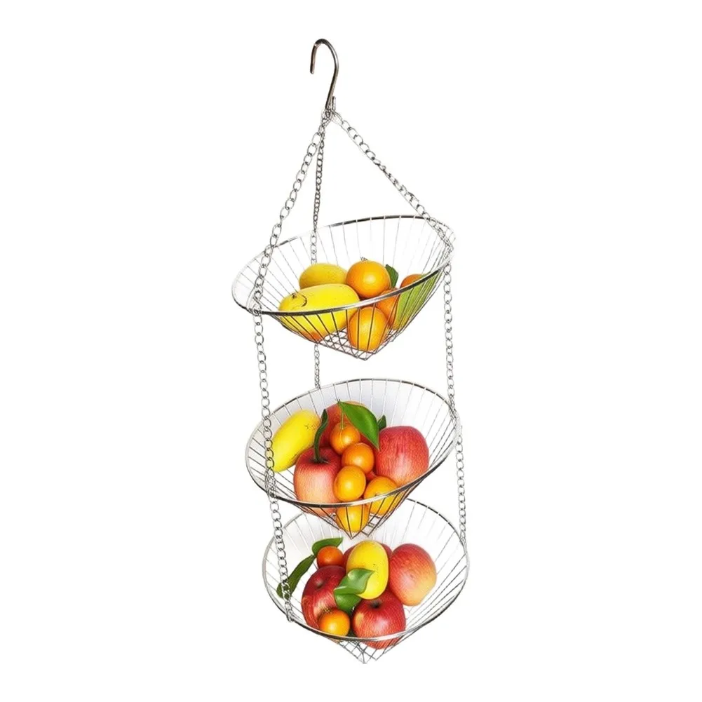 3 Tier Chrome Fruit Basket for Hanging Multi Level Storage Rack Adjustable Height Iron Wire 11 x 11 x 32 Inches view 6