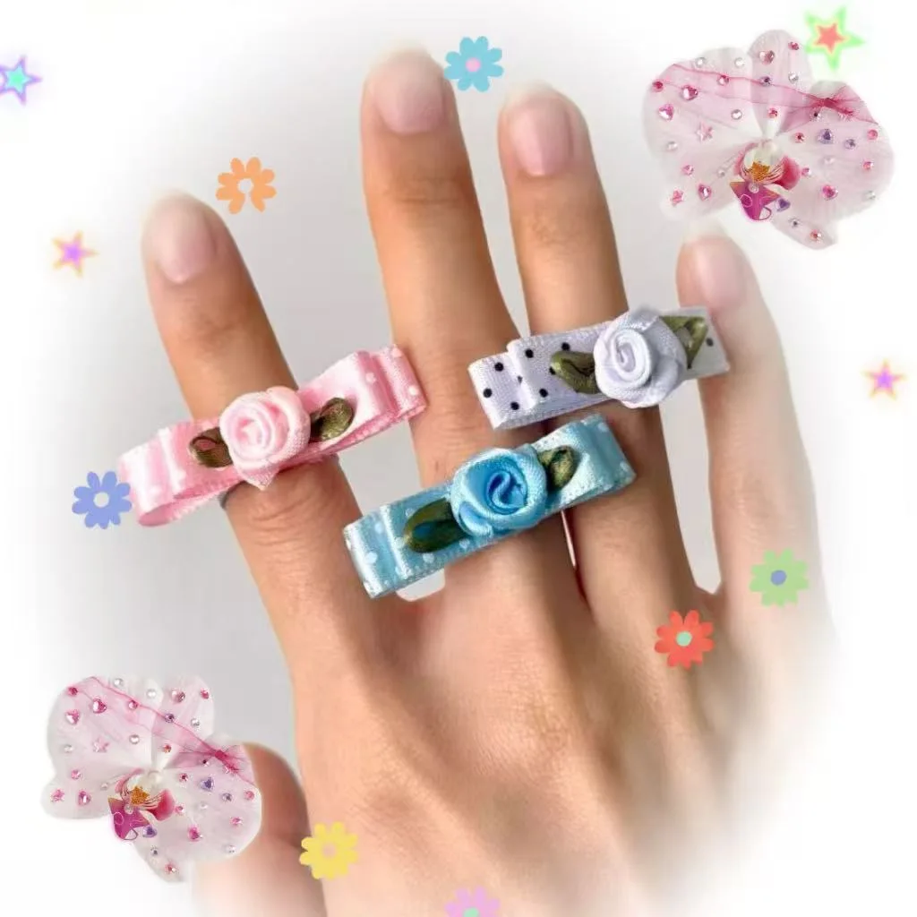 Kawaii Polka Dot Ribbon Rose Open Ring Vintage Lolita Adjustable Finger Ring Sweet Girly Jewelry Accessory