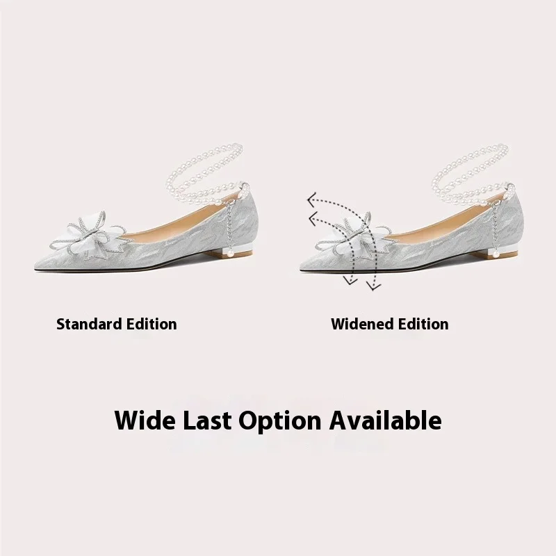 Spring shallow sequin pearl rhinestone bow widened flat wedding shoes thin high-heeled banquet large size small size women shoes