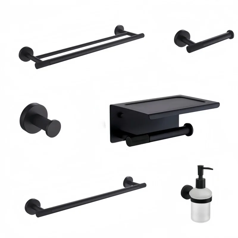 Matte Black Bathroom Accessories Wall-Mounted Towel Rack Paper Rack Towel Bar Soap Dish Toilet Brush Cup Holder Hardware Pendant