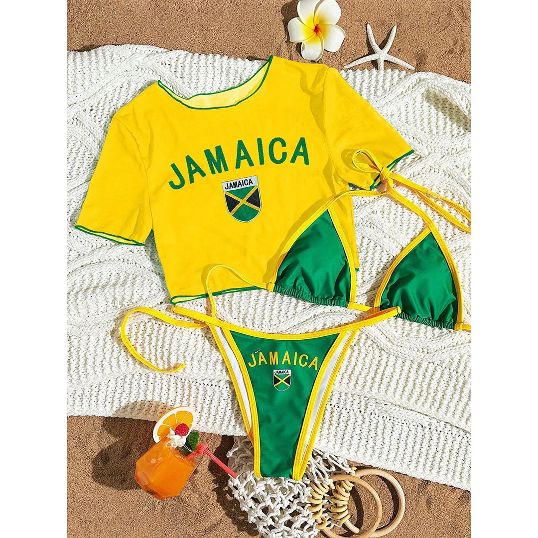 S - XL, 13 Farben, bedrucktes, dreiteiliges Bikini-Set, Bikini mit kurzen Ärmeln, Damen-Badeanzug, Damen-Badebekleidung, Badeanzug, Badebekleidung, Modell V6854G. – Detail 20