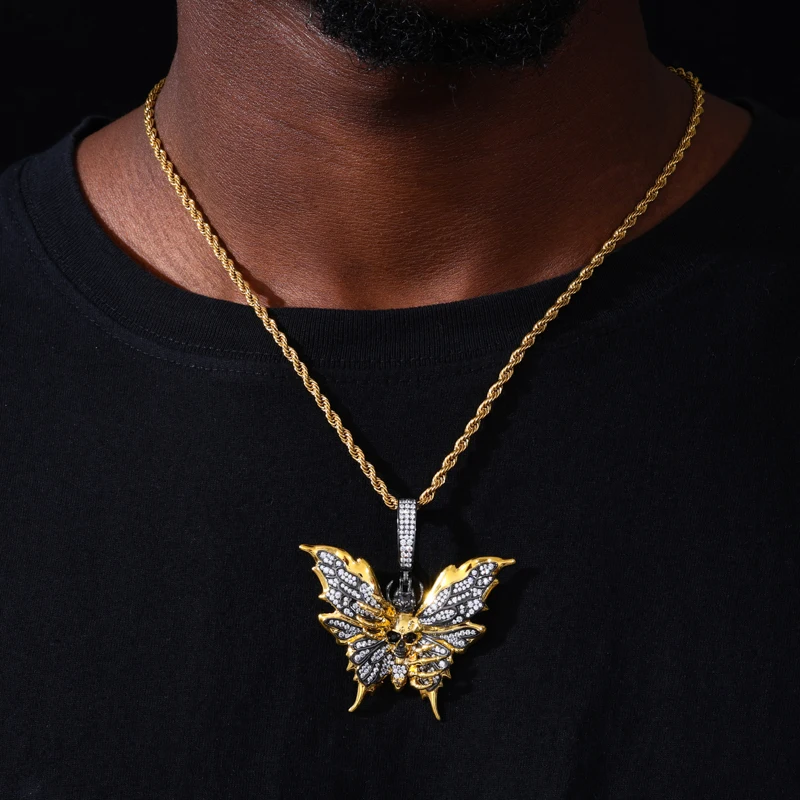 TUHE Iced Out Cubic Zirconia Skull Butterfly Pendants Necklace Gothic Punk Skeleton Claw Charm for Man Hip Pop Jewelry