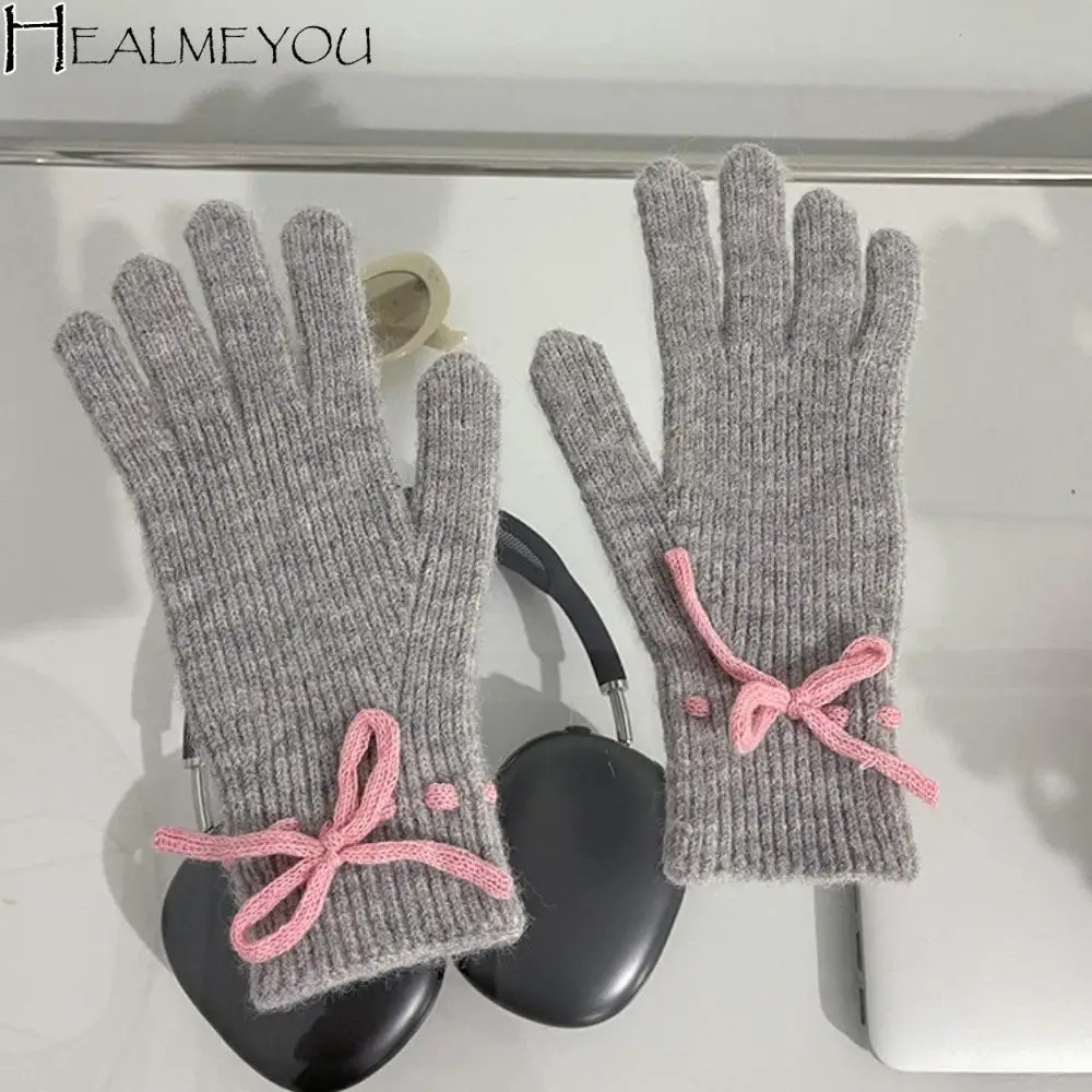 Fashion Cute Knitted Mittens Touchscreen Funny Finger Gloves Thicken Cold-proof Bowknot Gloves Autumn
