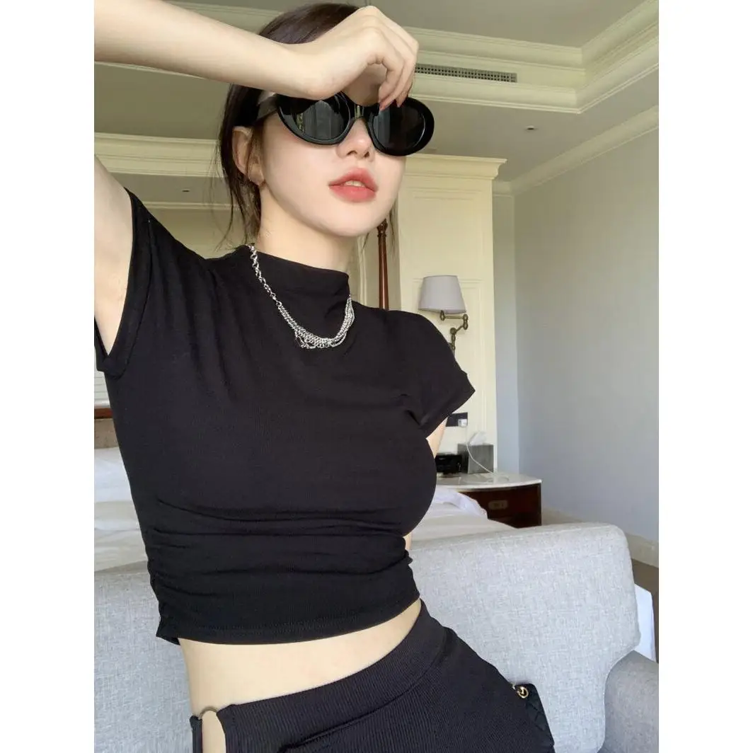 Black Short Sleeve Knitted Slim Fit T-Shirt Women's Summer Top High Neck Design Bore Hole Small Size Korean Style Polyester F...