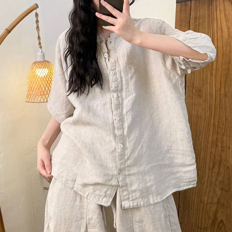 

Женская повседневная льняная рубашка, новинка 2023 года, лето 2021, винтажный стиль, воротник-стойка, однотонные свободные женские топы с короткими рукавами, рубашки T675