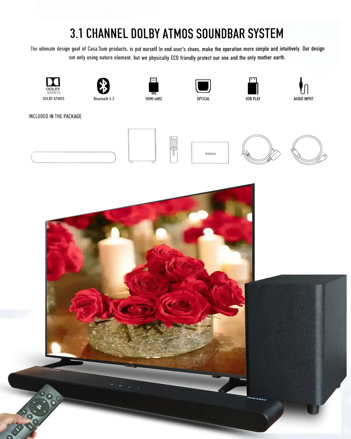 High Quality 3.1 Sound Bar With Dolby Atmos, 380W Surround Sound System For TV, 3D Sound Bars For Smart TV With Subwoofer