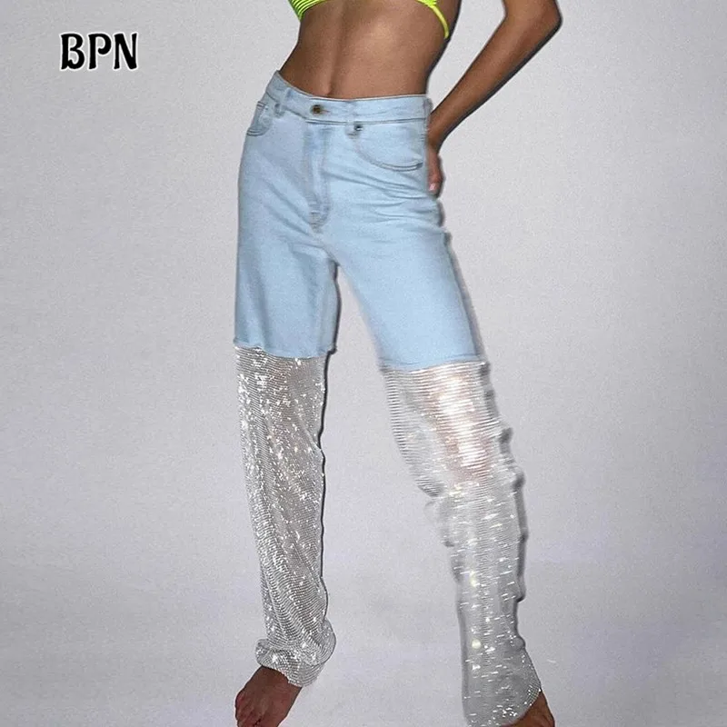 

BPN Fashion Patchwork Denim Pants For Women High Waist Hit Color Spliced Diamonds Casual Straight Leg Jeans Female Clothing New