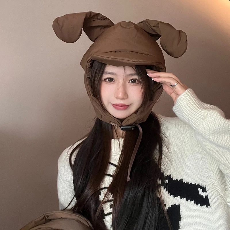 Cute Pink Long Ears Padded Bomber Hats Autumn and Winter Korean Version Fashion Warm Cartoon Rabbit Caps for Women and Men