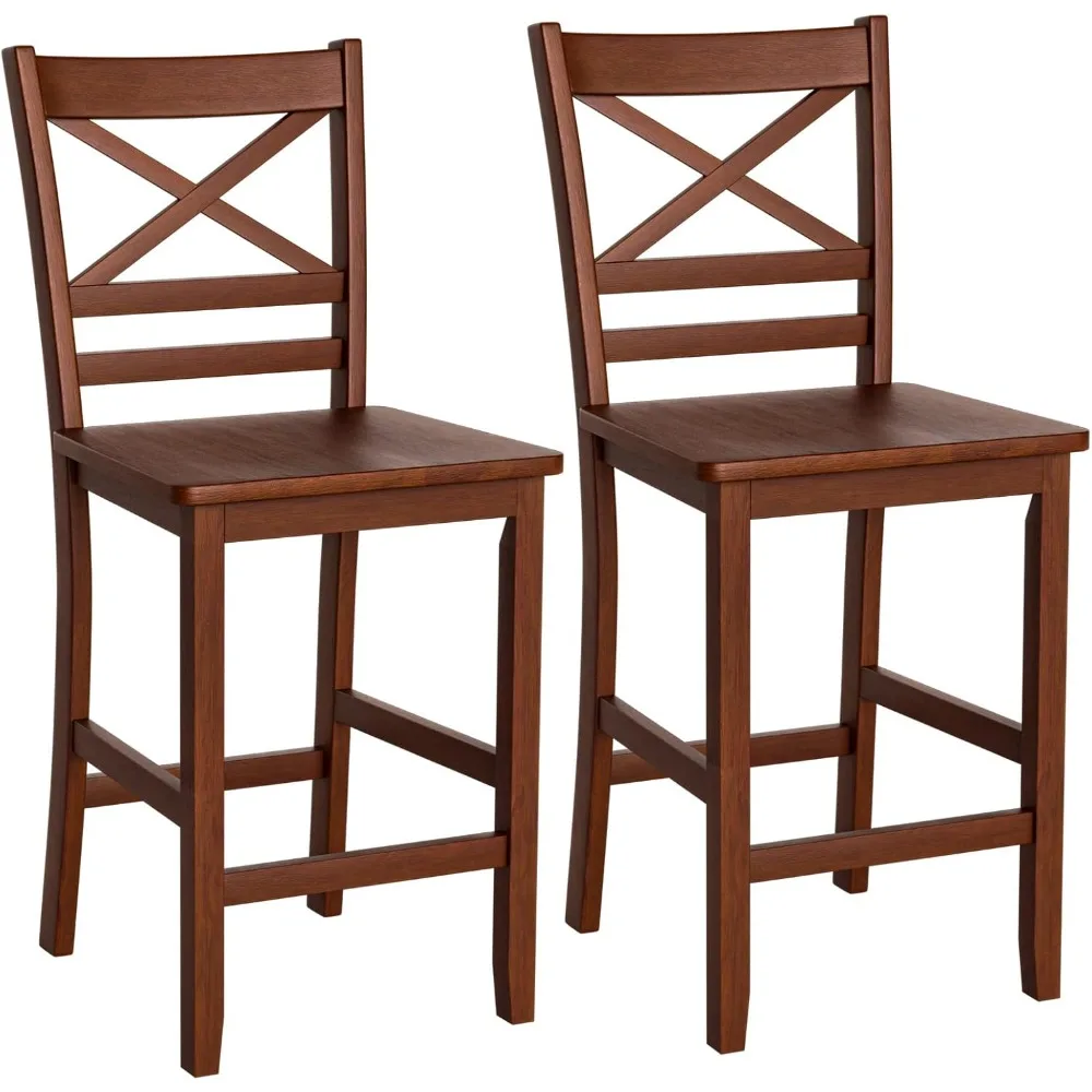 Bar Stools Set of 2, 25'' Antique Kitchen Counter Height Chairs with Wooden X-Shaped Backrest & Rubber Wood Legs, Suitable for