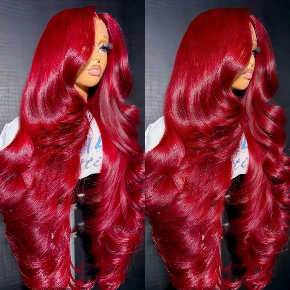 

Красный парик с накладной челкой из натуральных волос, 13x4 HD, плотность 250%, для женщин