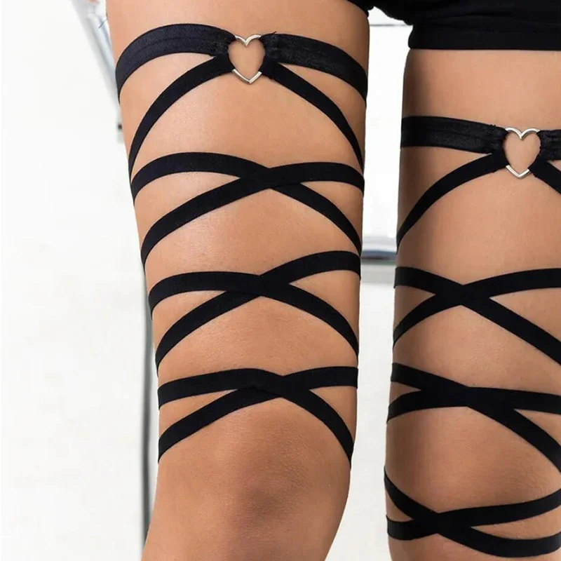 Women Harajuku Sexy Elastic Bandage Leg Thigh Chain Lingerie Harness Adjustable Heart Garter Goth Belt Cosplay Body Accessories