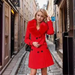 Women's Coat Autumn and Winter Fashion Large Fur Collar Women's Woolen Coat Long Women's Woolen Coat Jackets Пальто Женское