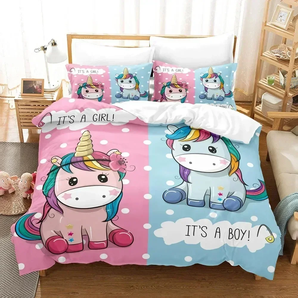 Cartoon Unicorn Duvet Cover Set KingQueen Size Cute Pink Blue Fairy Tale Animals Polyester Bedding Set for Girls Kids