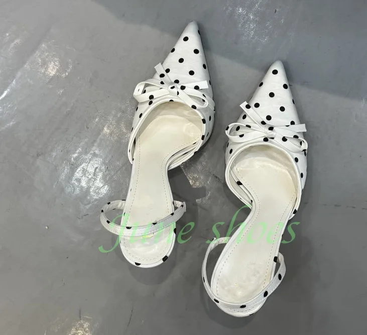 Lady Polka Dots Pink Bowtie Slingback Pumps Satin Black White Stiletto Heel Pointed Toe Low Heel Summer Dress Elegant High Heels