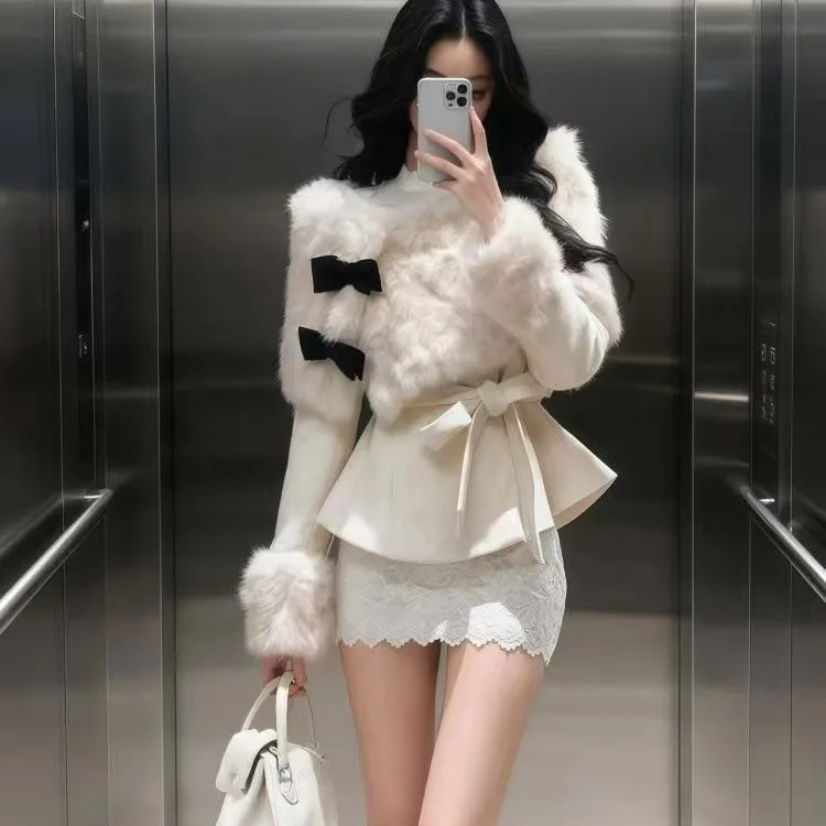 

Cisas Aosphere Pure Desire Winter Faion Set with awl Furry Lace f-length Skirt Korean Sle Woolen Coat